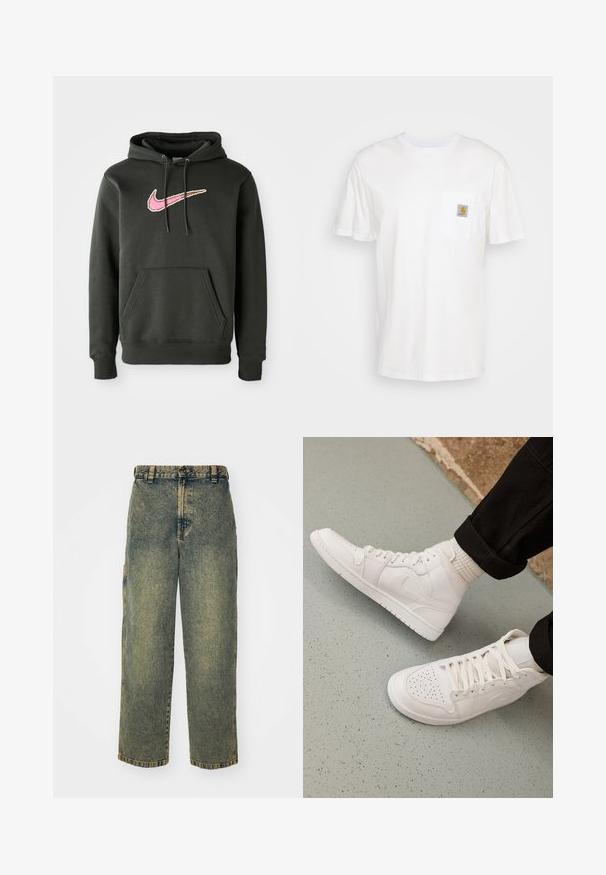 Dunkelgrauer Hoodie aus Baumwollmischung, mit einem großen pinken und braunen Nike-Logo auf der Brust, einer Fronttasche und einer Kordelzugkapuze.; Weißes Baumwoll-T-Shirt mit kurzen Ärmeln, einer Brusttasche und einem kleinen quadratischen Logopatch in Orange und Weiß auf der Tasche.; Baggy-Jeans aus Denim in einer verblassten Blauen und Grünen Waschung. Mit Knopfverschluss, Gürtelschlaufen und Seitentaschen. Flaches Vorderteil und gerades Bein-Design.; Weisse High-Top-Sneaker aus glattem Leder mit perforierter Zehenpartie, Schnürverschluß und dezentem Logodetail an der Seite. Strukturierte Gummisohle.