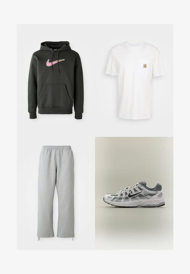 Tumehallist puuvillasegust kapuutsiga dressipluus, mille rinnal on suur roosa ja pruun Nike logo, ees tasku ja stringide reguleeritav kapuuts.; Valge puuvillane t-särk lühikeste varrukatega, rindade taskuga ja taskul väike ruudukujuline logo kleebis oranžis ja valges.; Hallid hallid dressipüksid elastse vöökohtadega, sirged sääred ja nööraktsendid all. Valmistatud pehmest, tekstureeritud kangast.; Valge ja hall Nike P-6000 toss musta logoga, võrgust paneelide ja tekstuurse tallaga, esitatud külgvaates neutraalsel taustal.