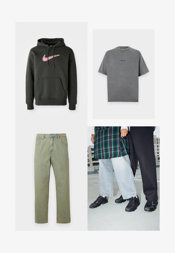 Dunkelgrauer Hoodie aus Baumwollmischung, mit einem großen pinken und braunen Nike-Logo auf der Brust, einer Fronttasche und einer Kordelzugkapuze.; Kurzärmeliges T-Shirt in Anthrazitgrau mit Rundhalsausschnitt und kleinem, gesticktem "Replay Inc."-Logo mittig auf der Brust.; Helle grüne Jeans aus Denim mit geradem Bein, ausgestattet mit einem Knopf- und Reißverschluss, Gürtelschlaufen und dezenten Verblassungen auf dem Stoff.; Schwarze Sportschuhe mit Mesh- und Gummielementen. Kombiniert mit hellgrauen weiten Jeans und einem karierten grünen Oberteil. Flacher Hintergrund.