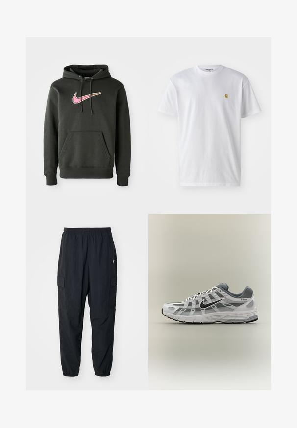 Mørkegrå hættetrøje lavet af blanding af bomuld, med et stort pink og brunt Nike-logo på brystet, samt en frontlomme og snoretræk til hætten.; Hvid bomulds t-shirt med korte ærmer, rund hals og et lille guld logo på venstre brystområde. Blød tekstur og almindelig pasform.; Sorte cargo-bukser lavet af letvægtsmateriale, der har en elastisk talje, sidelommer og en afslappet pasform med elastiske manchetter.; Hvid og grå Nike P-6000 sneaker med sort swoosh, meshpaneler og tekstureret sål, vist i sideprofil på neutral baggrund.