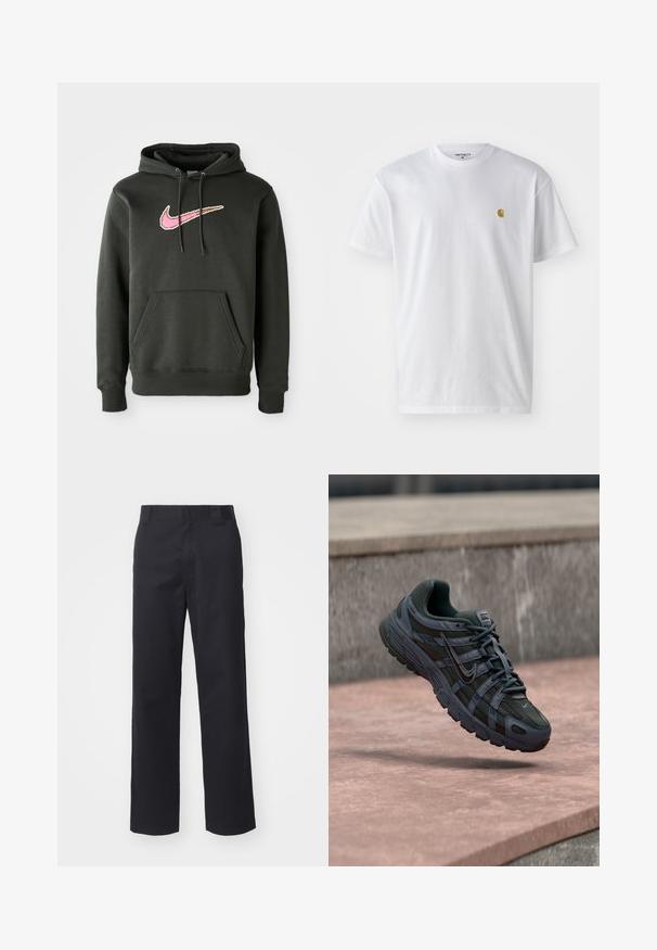Donkergrijze hoodie van een katoenmix, met een groot roze en bruine Nike-logo op de borst, met een voorzak en een capuchon met trekkoord.; Witte katoenen t-shirt met korte mouwen en ronde hals, voorzien van een klein gouden logo op de linkerkant van de borst. Zachte textuur en een normale pasvorm.; Zwarte rechte broek van een katoenmix. Heeft een platte tailleband met riemlussen en geen zichtbare hardware of versieringen.; Donkergrijze Nike hardloopschoen met mesh en synthetisch ontwerp, zwevend boven een roze betonoppervlak met een grijze stenen achtergrond.