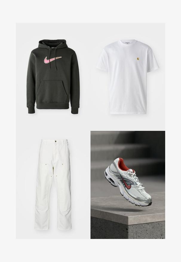 Sudadera con capucha de color gris oscuro, hecha de una mezcla de algodón, que presenta un gran logotipo de Nike en rosa y marrón en el pecho, con un bolsillo frontal y capucha con cordón.; Camiseta de algodón blanca con mangas cortas, cuello redondo, que presenta un pequeño logo dorado en la parte izquierda del pecho. Textura suave y corte regular.; Pantalones cargo de algodón blancos con un corte relajado. Las características incluyen bolsillos frontales, detalles en dorado y secciones de rodilla reforzadas.; Zapatilla de running Nike blanca y plateada con detalles en rojo flotando sobre un saliente de hormigón, mostrando los detalles laterales y de la suela.