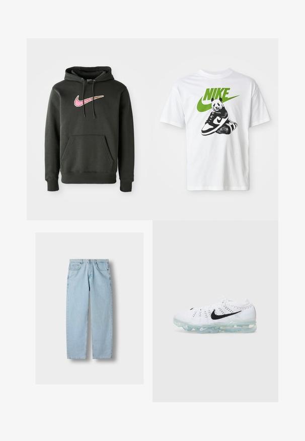 Sudadera con capucha de color gris oscuro, hecha de una mezcla de algodón, que presenta un gran logotipo de Nike en rosa y marrón en el pecho, con un bolsillo frontal y capucha con cordón.; Camiseta de algodón blanca con un gráfico en blanco y negro de un panda sosteniendo una zapatilla Nike, con un logotipo de Nike verde arriba.; Jeans de mezclilla rectos de color azul claro con bolsillos frontales, pasadores para cinturón y cierre de botón sobre un fondo gris.; Zapatilla deportiva blanca con parte superior de tejido de punto, logo de Nike en negro, suela de burbujas de aire transparente y textura perforada para transpirabilidad.