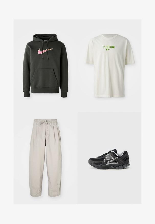 Mørkegrå hættetrøje lavet af blanding af bomuld, med et stort pink og brunt Nike-logo på brystet, samt en frontlomme og snoretræk til hætten.; Hvid bomulds t-shirt med et grønt grafisk print med ordet "NIKE" og logo. Korte ærmer og rund hals. Glat tekstur.; Beige, lette bukser med elastisk talje og snor. Har plisseringer og en løs pasform, lavet af blødt, glat stof.; Sort atletiksko med meshpaneler og syntetiske detaljer. Har en rundet tå, tyk polstret sål og kontrasterende hvide logodetaljer.