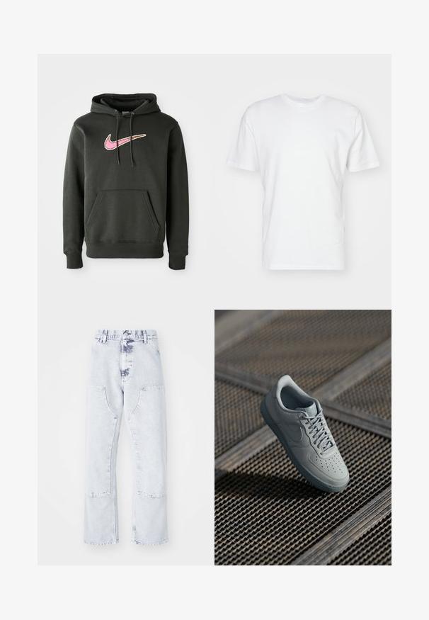 Mørkegrå hættetrøje lavet af blanding af bomuld, med et stort pink og brunt Nike-logo på brystet, samt en frontlomme og snoretræk til hætten.; Hvid bomulds T-shirt med korte ærmer, rund halsudskæring og en glat tekstur. Enkel design uden mønstre eller grafik.; Lys blå denim straight-leg jeans med patchlommer, høj talje og en falmet overflade. Har tonede syninger og en afslappet pasform.; Grå lædersneaker med perforeret tå, flade snørebånd, polstret krave og struktureret gummisål. Har en subtil brandingdetalje.