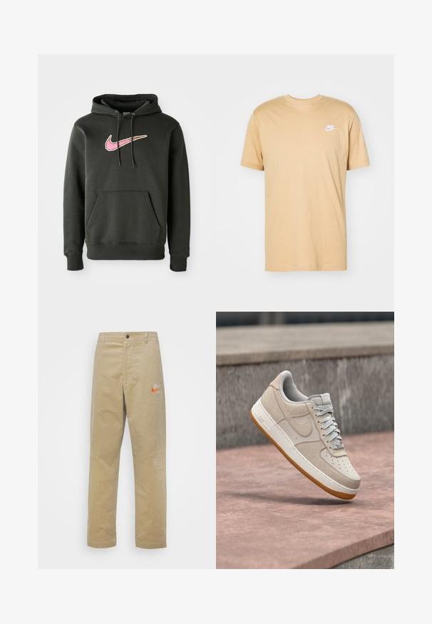 Sudadera con capucha de color gris oscuro, hecha de una mezcla de algodón, que presenta un gran logotipo de Nike en rosa y marrón en el pecho, con un bolsillo frontal y capucha con cordón.; Camiseta de algodón color beige con cuello redondo, mangas cortas y un logotipo blanco de Nike en el lado izquierdo del pecho. Textura suave, diseño casual.; Nike Sportswear TREND PANT - Pantalones - khaki/team orange/khaki; Zapatilla Nike Air Force 1 beige y blanca con suela de goma flotando sobre una superficie de piedra rosa con fondo de piedra gris.