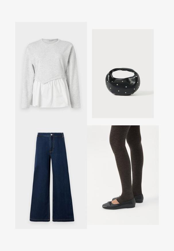 Haut gris à manches longues avec un design superposé, comprenant une section supérieure texturée et une section inférieure blanche froncée. Encolure ronde.; Jeans en denim à jambe large de couleur bleu foncé avec des coutures dorées, dotés d'une fermeture à bouton et à fermeture éclair à l'avant, et d'un design classique à cinq poches.; Jambes portant des leggings côtelés foncés associés à des ballerines noires avec de petits détails en nœud sur fond blanc.; Sac à main en cuir noir de forme arrondie, décoré de clous argentés et équipé d'une poignée courte. Texture lisse et fermeture éclair.
