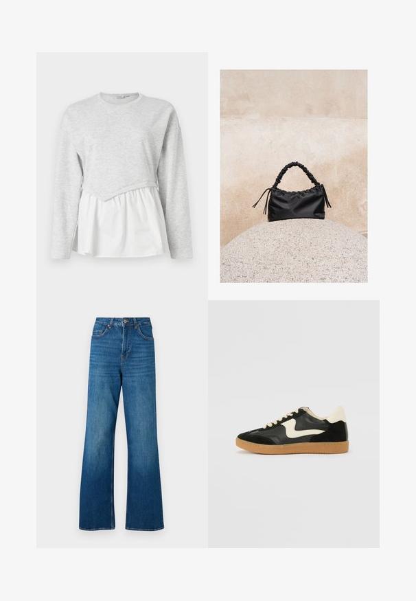 Grå langærmet top med lagdelt design, med en tekstureret overdel og en hvid, samlede nederdel. Rund halsudskæring.; Bredde ben blå denim jeans med høj talje, lys falmning og klassisk fem-lomme design; har guldfarvet metal hardware og stikninger i kanten.; Sorte ruskinds- og lædersneakers med en cremefarvet side-swoosh og lys cremefarvet hæl. Har beige snørebånd og en gummirubber-sål.; Sort håndtaske med rynkede detaljer og et samlet håndtag, hvilende på en tekstureret stensfære mod en beige betonvæg.