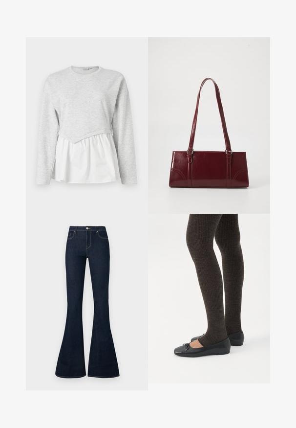 Haut gris à manches longues avec un design superposé, comprenant une section supérieure texturée et une section inférieure blanche froncée. Encolure ronde.; Jean en denim bleu foncé taille haute avec jambes évasées, bouton et zip à l'avant, et conception à cinq poches.; Jambes portant des leggings côtelés foncés associés à des ballerines noires avec de petits détails en nœud sur fond blanc.; Sac à main bordeaux en matériau brillant, de forme rectangulaire, avec deux anses et des accents légèrement courbés à l'avant.