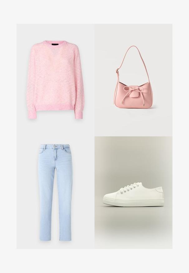 Pieces PCANONA O-NECK - Πουλόβερ - pink/lavender; Ανοιχτό μπλε τζιν παντελόνι με ίσια γραμμή, από τζιν ύφασμα, με κανονική μέση, πέντε τσέπες και διακριτές ραφές.; Λευκό sneaker χαμηλού τύπου με λευκά κορδόνια και λαστιχένια σόλα, εμφανίζεται από πλάγια όψη σε ουδέτερο φόντο.; Μικρό παστέλ ροζ τσάντα ώμου με ρυθμιζόμενο λουράκι και διακοσμητικό φιόγκο στο μπροστινό μέρος με χρυσά άκρα, σε απλό φόντο.