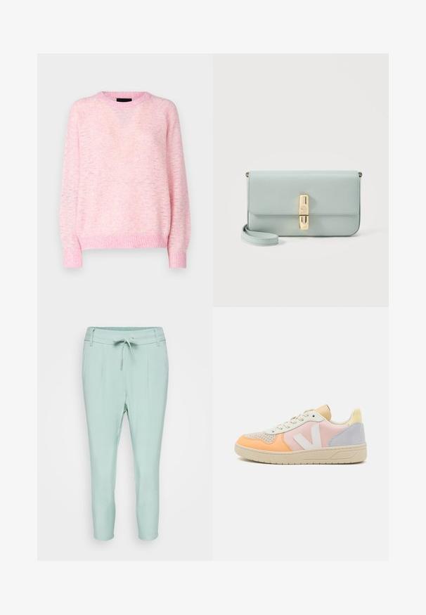 Pieces PCANONA O-NECK - Πουλόβερ - pink/lavender; Φωτεινά μέντα πράσινα παντελόνια με ελαστική μέση, κλείσιμο με κορδόνι, και δύο μπροστινές τσέπες. Απαλή ύφασμα με σχεδίαση κολαούζου.; Αθλητικά παπούτσια σε παστέλ χρώματα πορτοκαλί, ροζ και γκρι. Κατασκευασμένα από δέρμα με υφή στην μύτη και παχιά καουτσούκ σόλα.; Φωτεινό μπλε δερμάτινο τσαντάκι clutch με ορθογώνιο κούμπωμα σε χρυσό τόνο και αποσπώμενο λουράκι καρπού σε λευκό φόντο.