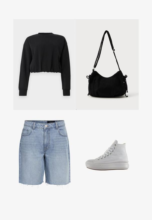 Musta lühikeste varrukate ja pehmete kangastega crop-sweater. Omab pikki varrukaid, ümmargust kaelust ja kogutud hemmi, et tagada mugav istuvus. Lihtne disain.; Heled sinise värviga denimpüksid koos kõrge vöökohaga, viie taskuga, narmastega äärega ja klassikalise nööpkinni lähedusega. Valmistatud pehmest, tekstureeritud kangast.; Valged kõrged teksakingad valgete paelte, metallist aukudega, paksu kummist tallaga ja tekstureeritud varbaküljega, suunatud vasakule valgel taustal.; Must mustru toodetud õunnaga õlakott, millel on kaarjas kuju, reguleeritav rihm ja kummitõmbemehhanismid mõlemal küljel suuruse kohandamiseks.