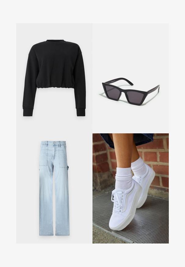 Sweatshirt noir cropped en tissu doux. Présente des manches longues, un col rond et un ourlet froncé pour un ajustement décontracté. Design simple.; Pantalons cargo en denim bleu clair avec un design à jambes droites, poches avant et poches latérales. Le tissu a une texture légèrement délavée.; Baskets en toile blanches avec semelles en caoutchouc, dotées de six œillets, d'un bout rond et de détails de couture légers, portées avec des chaussettes blanches mi-mollet.; Lunettes noires angulaires avec des verres gris ; fabriquées en plastique, avec des branches épaisses à la surface lisse et sans matériel visible.