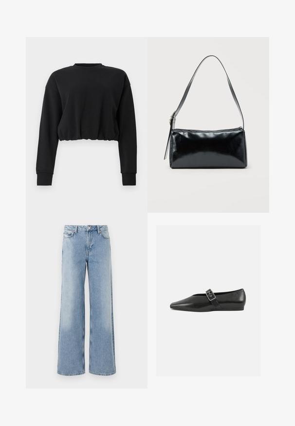 Schwarzes, kurz geschnittenes Sweatshirt aus weichem Stoff. Mit langen Ärmeln, rundem Ausschnitt und einem gerafften Saum für eine lockere Passform. Schlichtes Design.; Hellblaue weit geschnittene Jeans mit einem verblassten Waschung, fünf Taschen, Knopfverschluss und geraden Säumen. Hergestellt aus Denim mit einer glatten Textur.; Schwarze Lederflachschuhe mit spitzem Zehenbereich, ausgestattet mit einem metallischen Riemen über dem Spann und einer niedrigen, flexiblen Sohle.; Schwarze rechteckige Schultertasche mit einem verstellbaren Riemen und einem oberen Reißverschluss vor einfachem Hintergrund.