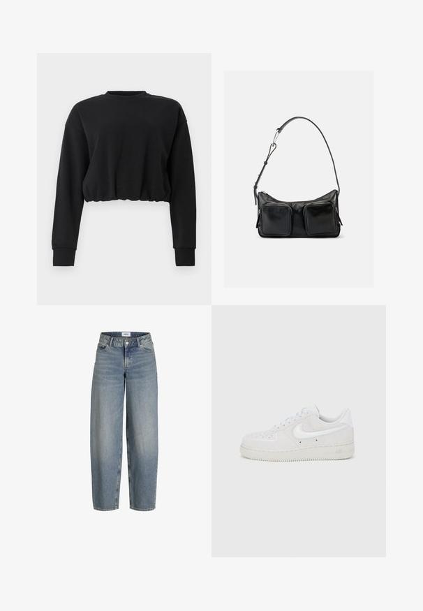 Sort cropped sweatshirt lavet af blødt stof. Har lange ærmer, en rund halsudskæring og en indsamlet kant for en afslappet pasform. Enkel design.; Lyseblå, løstsiddende jeans med høj talje, lavet af denimstof. Har fem lommer og en traditionel lukning med knap og lynlås.; Hvid ruskind Nike Air Force 1-sneaker med tekstureret finish, rund tå og kontrasterende hvid logo-accent, med en gummisål.; Sort skuldertaske i læder med justerbar rem og to store forlommer med lynlås på en ensartet lys baggrund.