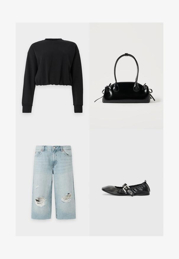 Zwarte cropped sweatshirt gemaakt van zachte stof. Heeft lange mouwen, een ronde halslijn en een gathered zoom voor een relaxte pasvorm. Eenvoudig ontwerp.; Lichtblauwe denimshorts met een losse pasvorm, voorzien van twee grote versleten scheuren aan de voorkant. Vijf zakken en een zichtbare metalen knoopsluiting.; Zwarte leren platte schoen met een spitse neus, geplooide details rond de opening en een zilveren gespaccentueerde verstelbare band.; Kleine zwarte glanzende handtas met twee lange hengsels en zijkant trekkoord details op een effen lichte achtergrond.