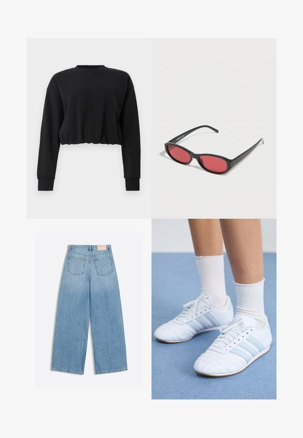 Zwarte cropped sweatshirt gemaakt van zachte stof. Heeft lange mouwen, een ronde halslijn en een gathered zoom voor een relaxte pasvorm. Eenvoudig ontwerp.; Lichtblauwe denim jeans met wijde pijpen, twee achterzakken en een klein beige merkje op de tailleband.; Witte leren sportschoenen met lichtblauwe strepen, gestructureerde neus en witte sneakersokken. Geplaatst op een blauwe tapijtoppervlak.; Zwarte ovale zonnebril met slanke pootjes en rood getinte glazen, rustend op een witte ondergrond.