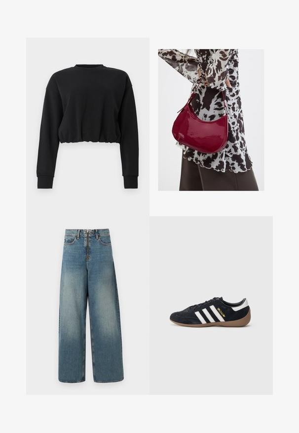 Zwarte cropped sweatshirt gemaakt van zachte stof. Heeft lange mouwen, een ronde halslijn en een gathered zoom voor een relaxte pasvorm. Eenvoudig ontwerp.; Wijduitlopende denim jeans in een lichte blauwwas. Voorzien van een ritssluiting met knoopsluiting en subtiele vervaging voor een versleten uitstraling.; Zwarte suède sneaker met drie witte strepen, een rubberen gumzool en een klein gouden logo aan de zijkant. Heeft een gladde zwarte binnenvoering.; Vrouw met een zwart-wit gebloemde blouse houdt een glanzende rode schoudertas vast tegen een effen achtergrond.