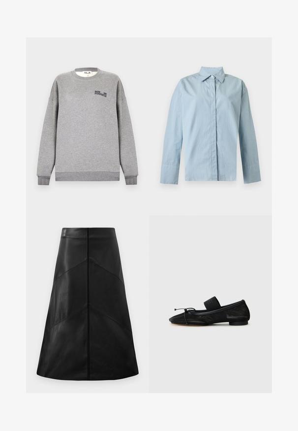 Sweat-shirt gris à col rond, coupe décontractée et poignets côtelés. Présente un petit logo en texte noir sur le devant. Matière en mélange de coton doux.; Chemise bleu clair à manches longues avec fines rayures verticales blanches, col pointu, un seul bouton blanc visible et patte de boutonnage avant cachée.; Jupe en cuir noir en forme A avec une texture lisse, arborant des motifs de coutures géométriques et une fermeture éclair dissimulée à l'arrière.; Chaussure plate noire avec un bout pointu, fabriquée en tissu texturé, avec un accent à nœud et un petit talon rond. Sangle élastique au niveau de la cheville.
