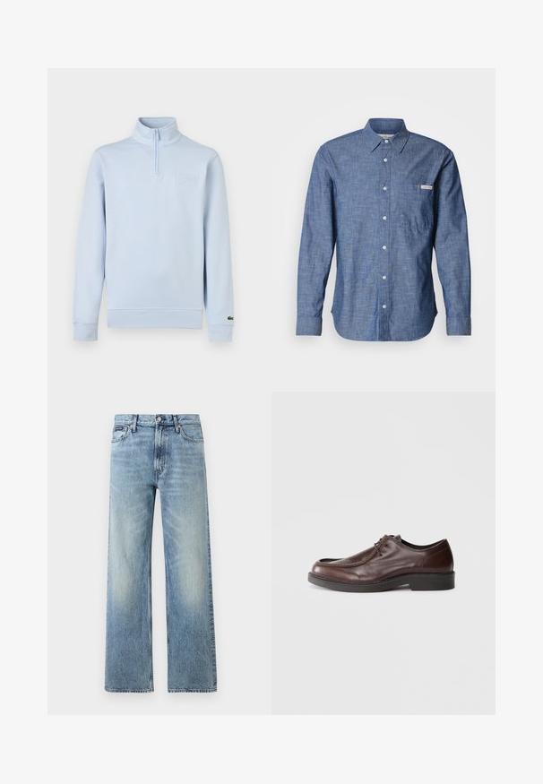 Pull-over à manches longues bleu clair avec fermeture éclair quart de zip, col montant, patch de marque embossé sur la poitrine, et petit logo sur le poignet gauche.; Chemise bleue à manches longues avec boutons, en tissu léger et texturé. Elle présente une poche sur le côté gauche de la poitrine et une petite étiquette logo. Les boutons sont de couleur claire.; Jean droit en denim bleu clair avec taille haute, cinq poches, fermeture à boutons et léger délavage sur les cuisses et les genoux.; Chaussure habillée en cuir marron avec un bout arrondi, des accents de couture minimum, et une semelle noire robuste. Présente un système de laçage et une texture lisse.