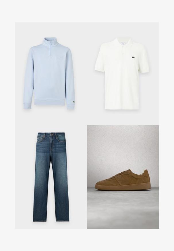 Pull-over à manches longues bleu clair avec fermeture éclair quart de zip, col montant, patch de marque embossé sur la poitrine, et petit logo sur le poignet gauche.; Polo-shirt blanc en coton lisse avec un col classique, patte de boutonnage à trois boutons et un petit logo crocodile vert sur la poitrine.; Jean bleu foncé avec une coupe droite, un design à cinq poches et un léger effet délavé. Fabriqué en tissu denim avec des détails de couture classiques.; Baskets en daim marron avec des lacets couleur fauve et une semelle en caoutchouc. Présente un bout arrondi et des détails cousus sur la tige. Design léger.