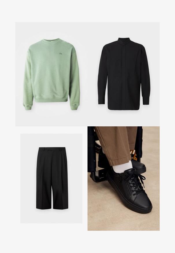 Svetlozelený crewneck sveter s dlhými rukávmi a malým vyšitým logom krokodíla na ľavej hrudi.; Čierna košeľa s dlhým rukávom a vysokým golierom, s rovný strihom a minimalistickým dizajnom. Tkanina vyzerá hladko a štruktúrovane.; Čierne široké skrátené nohavice s pútkami na opasok a vreckami vpredu, zobrazené na jednoduchom svetlom pozadí.; Čierna kožená teniska so šnúrkami a bočným zipsom, nosená s bielymi ponožkami a hnedými nohavicami, noha spočívajúca na opierke na nohy invalidného vozíka.