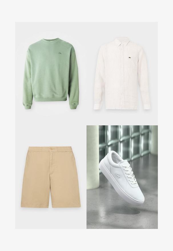 Svetlozelený crewneck sveter s dlhými rukávmi a malým vyšitým logom krokodíla na ľavej hrudi.; Svetlý pruhovaný košeľový top s dlhými rukávmi, golierom so zapínaním na gombíky a malým zeleným logom na ľavom vrecku na hrudi. Bavlnený materiál.; Bežové bavlnené šortky so štandardným strihom, elastickým pásom, zapínaním na gombík a bočnými vreckami. Hladká textura, dĺžka po kolená.; Biela nízka teniska so šnurovaním a vyrazeným logom krokodíla, umiestnená nad sivou leštenou podlahou s pozadím zo sklenených blokov.