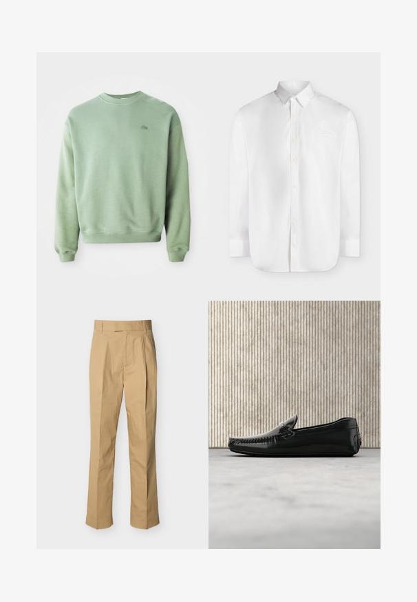 Hele rohelise tooni pikade varrukatega crewneck pusa, mille vasakul rinnal on väike broderi kujutis krokodillist.; Valge pika varrukaga nööpidega särk kraega ja vasakul rinnal väikse reljeefse logoga.; Beežid püksid, mis on valmistatud siledast puuvillast ning millel on kõrge talje, esiosal pöörded ja sirged sääred. Ilma nähtava riistvara või mustriteta.; Mustad nahast loafers, millel on läikiv viimistlus, ümar varvas ja kaunistav riistvara ees. Madala profiiliga kummitald. Sujuv tekstuur.