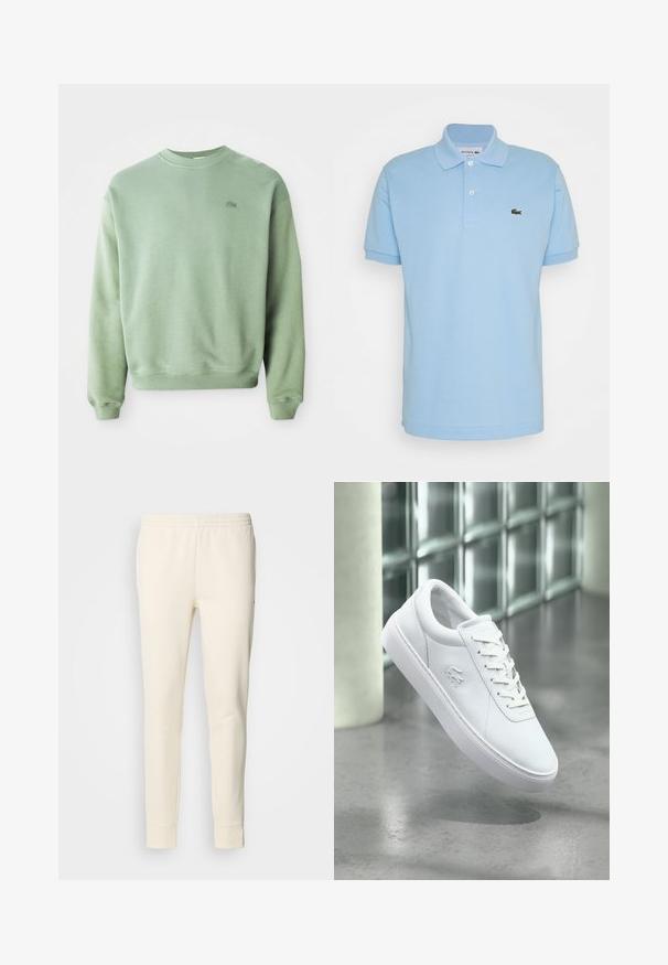 Lichtgroene crewneck sweatshirt met lange mouwen en een klein geborduurd krokodillenlogo op de linkerborst.; Lichtblau shirt met polo-kraag van katoen, met een omgeslagen kraag, drie knopen en een groene geborduurde Lacoste-logo op de linkerborst.; Crème-kleurige joggingsbroek van zachte stof, met een elastische tailleband, taps toelopende benen en afgesloten enkels. Eenvoudig ontwerp zonder patronen.; Witte lage sneaker met veterontwerp en geperst krokodillenlogo, geplaatst bovenop een grijze gepolijste vloer met glasblokmuur op de achtergrond.