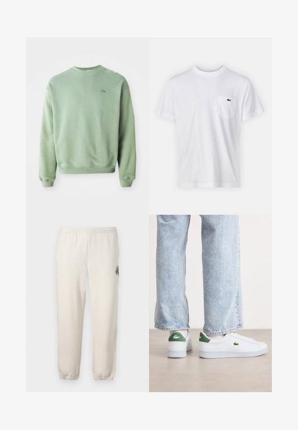 Svetlozelený crewneck sveter s dlhými rukávmi a malým vyšitým logom krokodíla na ľavej hrudi.; Biela bavlnená tričko s okrúhlym výstrihom a krátkymi rukávmi. Obsahuje ľanovú vrecko na ľavej strane hrudníka a malú zelenú logo Lacoste.; Svetlo béžové tepláky z bavlny s elastickým pásom, rebrovanými manžetami a zeleným logom s dizajnom listu na ľavej nohe.; Biele kožené tenisky s zelenými akcentmi na päte a vyšívaným logom. Hladký povrch, nízky dizajn, skombinované s svetlomodrými džínsami.