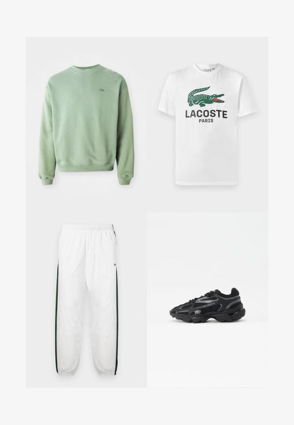 Lichtgroene crewneck sweatshirt met lange mouwen en een klein geborduurd krokodillenlogo op de linkerborst.; Lacoste T-shirt print - white; Witte trainingsbroek met donkergroene zijpanelen. Lichtgewicht materiaal, elastische tailleband en boordjes aan de onderkant. Heeft een meshstructuur op de zijpanelen.; Zwarte sportieve sneakers met een bovenwerk van mesh en synthetisch materiaal. Voorzien van een gestructureerde zool, reflecterende accenten en een verstevigde hiel.