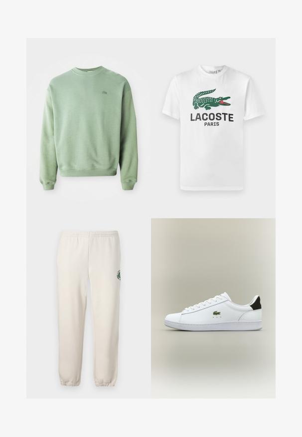 Hellgrüner Rundhalsausschnitt-Pullover mit langen Ärmeln und kleinem gesticktem Krokodil-Logo auf der linken Brust.; Lacoste T-Shirt print - white; Helle beige Sweatpants aus Baumwolle mit einem elastischen Bund, gerippten Bündchen und einem grünen Logo mit Blattdesign am linken Bein.; Weiße Leder-Sneaker mit glatter Oberfläche, ausgestattet mit einem grünen, gestickten Krokodil-Logo, flacher weißer Sohle und schwarzem Fersenakzent.
