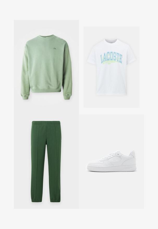 Hele rohelise tooni pikade varrukatega crewneck pusa, mille vasakul rinnal on väike broderi kujutis krokodillist.; Valge puuvillane T-särk, mille esiküljel on sinine ja roheline "LACOSTE" graafiline tekst ning allpool krokodillimotiiv. Tavaline ümar kaeluse disain.; Rohelised dressipüksid pehmest kangast; omaduseks on elastne vöökoht, kitsenevad jalad ja väikene logo külje peal.; Valge nahast tenniseking, millel on perforatsioonidega varvas, lame paelad ja pehmendusega krae. Omab sissepressitud logo küljel ja tekstuurset kummist talda.