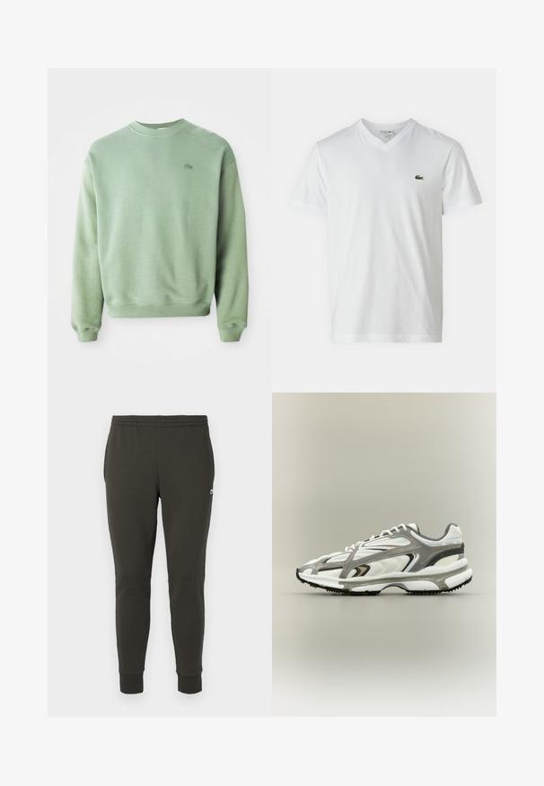 Sweatshirt vert clair à col rond avec des manches longues et un petit logo crocodile brodé sur la poitrine gauche.; T-shirt en coton blanc avec un col en V, des manches courtes et un petit logo de crocodile vert sur la poitrine gauche. Design simple et léger.; Jogging en vert foncé en tissu doux, avec une taille élastique, des poignets côtelés et un petit logo sur le côté.; Chaussure de sport avec une tige en mesh blanc, des accents gris, une semelle en caoutchouc noire et un design épuré. Elle présente des lacets et des détails texturés.