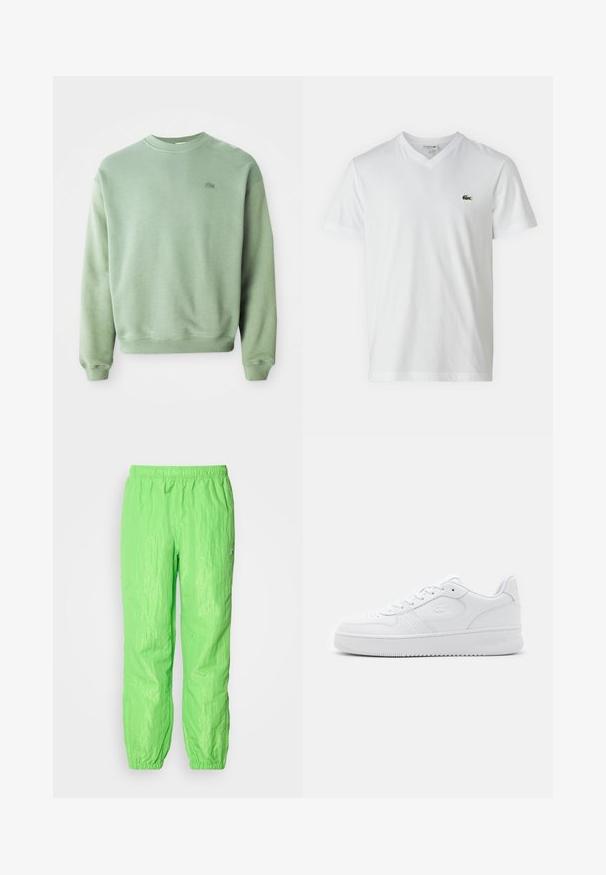 Hele rohelise tooni pikade varrukatega crewneck pusa, mille vasakul rinnal on väike broderi kujutis krokodillist.; Valge puuvillane T-särk V-kaelusega, lühikeste varrukatega ja väikese rohelise krokodillilogo vasakul rinnal. Lihtne ja kerge disain.; Neoonrohelised kerged püksid elastse vöökohtaga, millel on kergelt kortsus tekstuur ja kokku volditud varrukad pahkluudes.; Valge nahast tenniseking, millel on perforatsioonidega varvas, lame paelad ja pehmendusega krae. Omab sissepressitud logo küljel ja tekstuurset kummist talda.