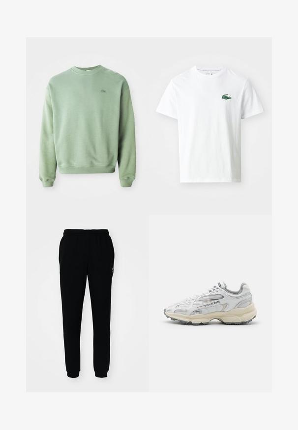 Lichtgroene crewneck sweatshirt met lange mouwen en een klein geborduurd krokodillenlogo op de linkerborst.; Lacoste T-shirt print - white/green; Zwarte trainingsbroek met een elastische tailleband en boorden. Gemaakt van zachte stof, met een klein logo aan de linkerbovenkant.; Witte sportieve schoenen met grijze accenten, bovenwerk van mesh en synthetisch materiaal, vetersluiting en een geprofileerde rubberen zool met looppatronen.