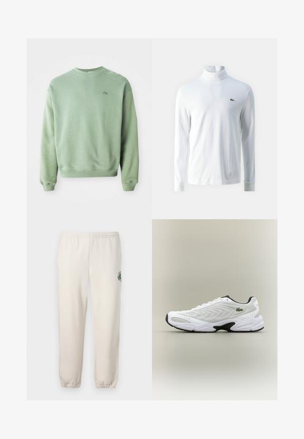 Svetlozelený crewneck sveter s dlhými rukávmi a malým vyšitým logom krokodíla na ľavej hrudi.; Biela dlhá rukávová tričko s rolákom vyrobené z jemného materiálu, s malým zeleným vyšitým logom na hrudi a priliehajúcimi manžetami.; Svetlo béžové tepláky z bavlny s elastickým pásom, rebrovanými manžetami a zeleným logom s dizajnom listu na ľavej nohe.; Biele atletické tenisky s textúrovaným sieťovinovým zvrškom, zakriveným dizajnom a kontrastnou čiernou podrážkou. S greennou vyšívanou nášivkou na boku.