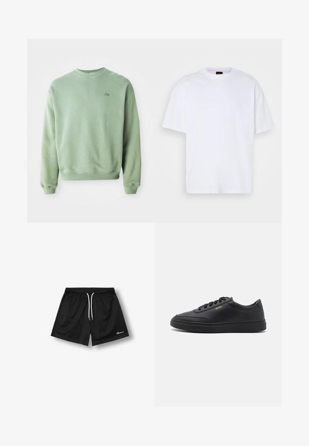 Svetlozelený crewneck sveter s dlhými rukávmi a malým vyšitým logom krokodíla na ľavej hrudi.; Biely bavlnený tričko s okrúhlym výstrihom, krátkymi rukávmi a voľným strihom. Obsahuje textúrované ramenné švy pre dodatočný detail.; Čierne atletické šortky s bielou šnúrkou a malým bielym kurzívnym logom „Buuoco“ na spodnej pravej nohe.; Čierne kožené tenisky s hladkou textúrou, okrúhlou špičkou, plochou gumovou podrážkou a tónovanými šnúrkami. Obsahujú zlaté logo "BOSS" na boku.
