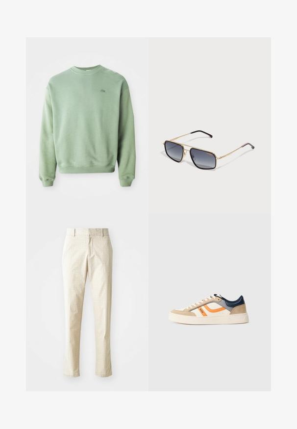Lichtgroene crewneck sweatshirt met lange mouwen en een klein geborduurd krokodillenlogo op de linkerborst.; Lichtbeige op maat gemaakte broeken met een gestructureerd patroon, rechte pasvorm en een middelhoge tailleband, voorzien van riemlussen en zonder zichtbare zakken.; Lage sneaker in beige, wit, oranje, grijs en marineblauw met suède accenten, veters aan de voorkant, witte zool en "BOSS"-branding aan de zijkant.; Gouden metalen zonnebril met zwarte gradient lenzen en slanke armen met rode en zwarte accenten. Rechthoekige vorm, minimalistisch ontwerp.