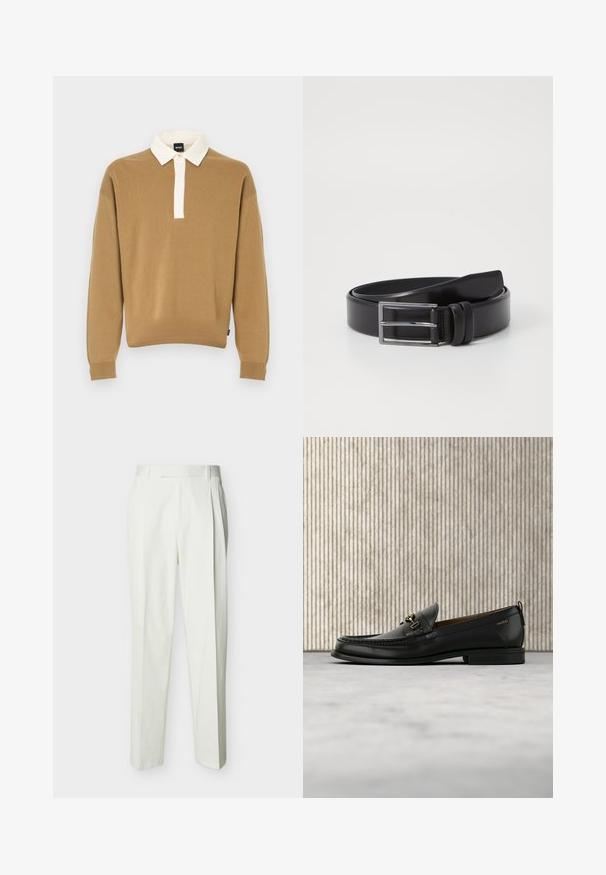 Pull en tricot marron avec un col blanc plié et une courte patte de boutonnage. Caractéristiques : manches longues et poignets côtelés.; Pantalon blanc ajusté taille haute avec passants de ceinture et plis sur le devant, présenté sur un fond uni.; Mocassin en cuir noir avec mors en métal doré et logo "HUGO", présenté sur un tapis beige et un meuble translucide marron.; Ceinture en cuir noir au toucher lisse, dotée d'une boucle rectangulaire en argent et d'un double détail de broche. Design classique et polyvalent.