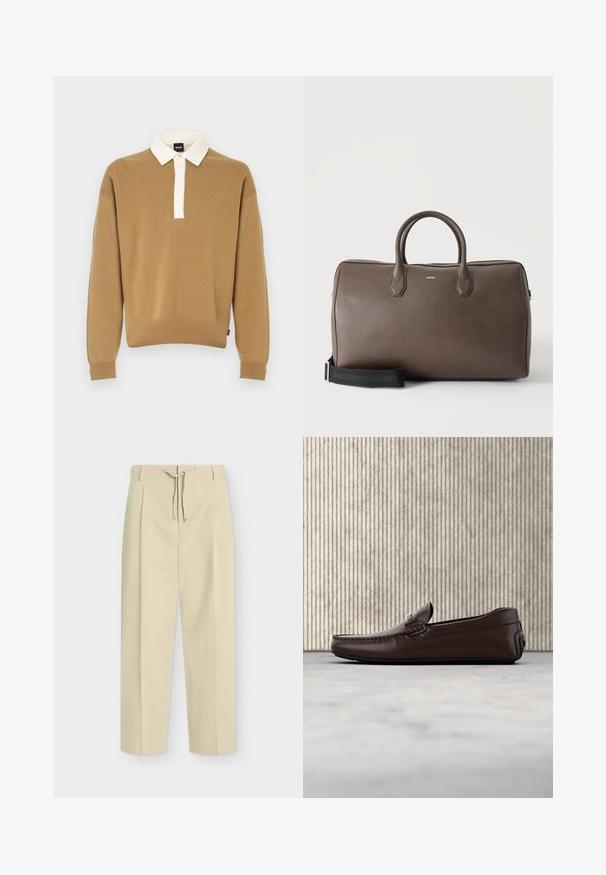 Pull en tricot marron avec un col blanc plié et une courte patte de boutonnage. Caractéristiques : manches longues et poignets côtelés.; Pantalon beige droit avec passants pour ceinture et nouage à l'avant, présentant un design épuré et ajusté ainsi qu'un tissu texturé.; Mocassins en cuir marron avec une finition lisse, des coutures de style mocassin, un bout rehaussé et une semelle en caoutchouc basse et flexible.; Sac de sport en cuir marron avec deux poignées, une bandoulière noire réglable et un petit logo "BOSS" au centre à l'avant.