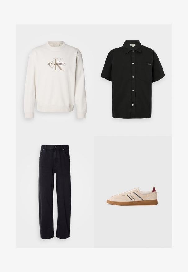 Weißes Crewneck-Sweatshirt aus weichem Stoff, mit einem großen beigen Calvin Klein-Logo auf der Vorderseite, und gerippten Bündchen sowie Saum.; Schwarzes Kurzarmhemd aus Baumwolle mit Knopfleiste, einer einzelnen Brusttasche und kleinem Logo-Akzent in der Nähe der Tasche.; Schwarze Denim-Jeans mit weiter Passform, hoher Taille, fünf Taschen und Metallknöpfen. Der Stoff hat eine matte Textur.; Sneaker aus cremigem beigen Wildleder mit marineblauen Streifen, weißen Schnürsenkeln und einer braunen Gummisohle. Logo an der Seite und Ferse sichtbar.