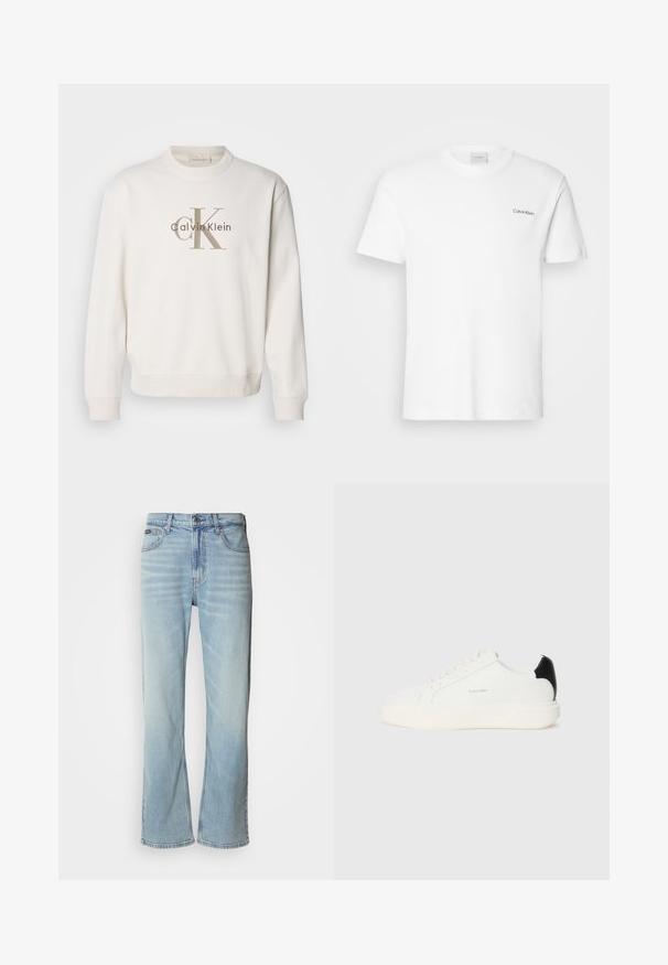 Hvid crewneck sweatshirt lavet af blødt stof, der har et stort beige Calvin Klein-logo på forsiden, med ribbede manchetter og bund.; Hvid bomulds T-shirt med korte ærmer og rund halsudskæring. Har et lille sort "Calvin Klein" logo på venstre bryst.; Lyseblå denimjeans med lige ben, der har fem lommer, knaplukning og en subtil falmning på stoffet.; Hvide lædersneakers med en sort accent på hælen, rund tå, flade snørebånd og en tyk hvid sål. Calvin Klein-logoet vises.