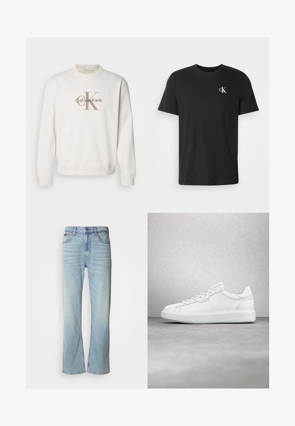 Witte crewneck sweatshirt van zachte stof, met een groot beige Calvin Klein-logo op de voorkant, voorzien van geribde manchetten en onderrand.; Zwart T-shirt met korte mouwen en ronde hals, met een klein wit "cK"-logo op de linkerborst.; Lichtblauwe denim jeans met een rechte pijp, voorzien van vijf zakken, een knoopsluiting en subtiele vervaging op de stof.; Witte leren sneaker met een ronde neus, platte vetersluiting en een grijze rubberen zool. Kenmerkt zich door subtiele stiksels en een logodetail.