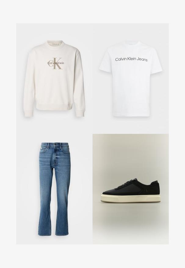 Weißes Crewneck-Sweatshirt aus weichem Stoff, mit einem großen beigen Calvin Klein-Logo auf der Vorderseite, und gerippten Bündchen sowie Saum.; Weißes T-Shirt mit kurzen Ärmeln und Rundhalsausschnitt, auf der Brust ist "Calvin Klein Jeans" in Schwarz gedruckt.; Hellblaue Denim-Jeans mit geradem Schnitt und leicht ausgestelltem Bein. Verfügt über fünf Taschen, einen Knopfverschluss und dezente Waschungseffekte.; Schwarzer Sneaker mit niedrigem Schaft, weißer dicker Sohle, Schnürung vorne und dezentem "cK"-Logo an der Seite.