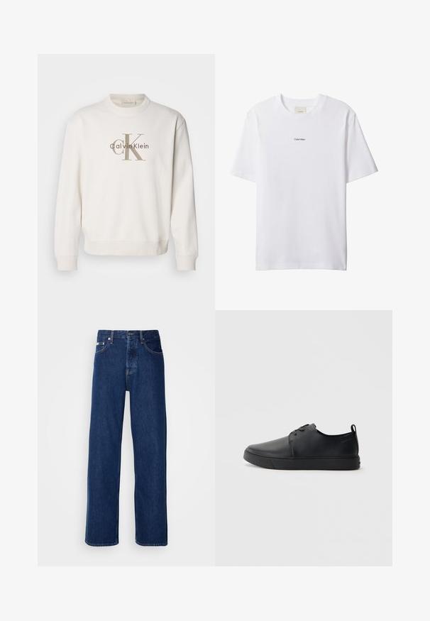 Hvid crewneck sweatshirt lavet af blødt stof, der har et stort beige Calvin Klein-logo på forsiden, med ribbede manchetter og bund.; Hvid bomuld t-shirt med rund hals og korte ærmer. Har en lille sort "Calvin Klein"-logo centreret på brystet.; Mørkeblå denimjeans med et bredt ben-design, der har en knaplukning og klassisk fem-lomme styling. Stoffet har en glat tekstur.; Sorte lædersneakers med en glat finish, rund tå, tonalt syning, snøring foran og en flad gummisål. Løkke ved hælen.