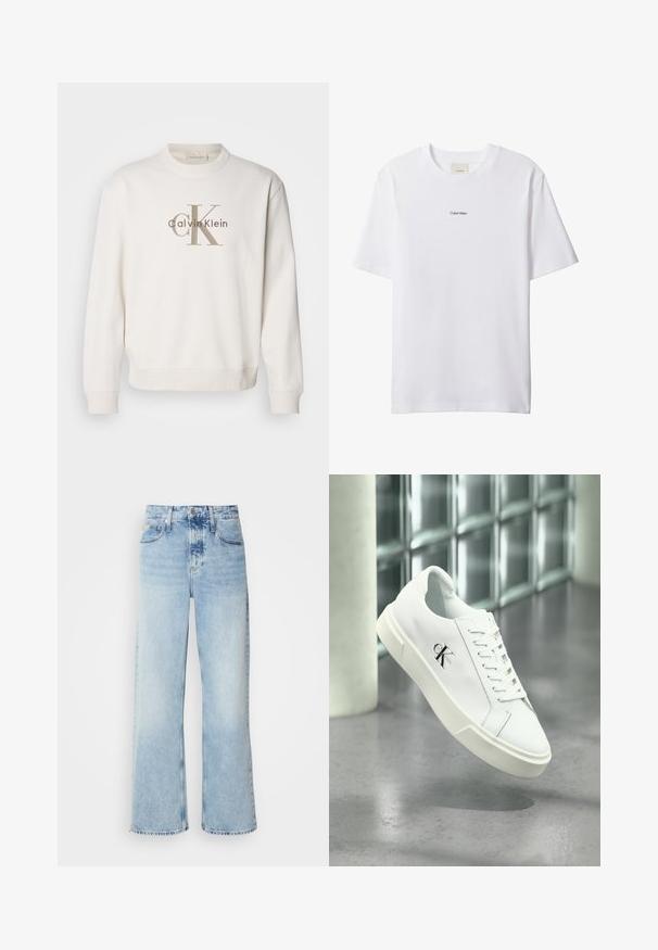 Weißes Crewneck-Sweatshirt aus weichem Stoff, mit einem großen beigen Calvin Klein-Logo auf der Vorderseite, und gerippten Bündchen sowie Saum.; Weißes Baumwoll-T-Shirt mit Rundhalsausschnitt und kurzen Ärmeln. Auf der Brust zentriert befindet sich ein kleines schwarzes "Calvin Klein"-Logo.; Helle blaue weite Jeans mit hoher Taille, in verwaschenem Finish, mit Gürtelschlaufen und klassischem Fünf-Taschen-Design. Der Saum ist ungesäumt.; Weißer Calvin Klein Sneaker mit Schnürsenkeln, schwebend über einem polierten Betonboden und einer Glasbausteinwand im Hintergrund dargestellt.