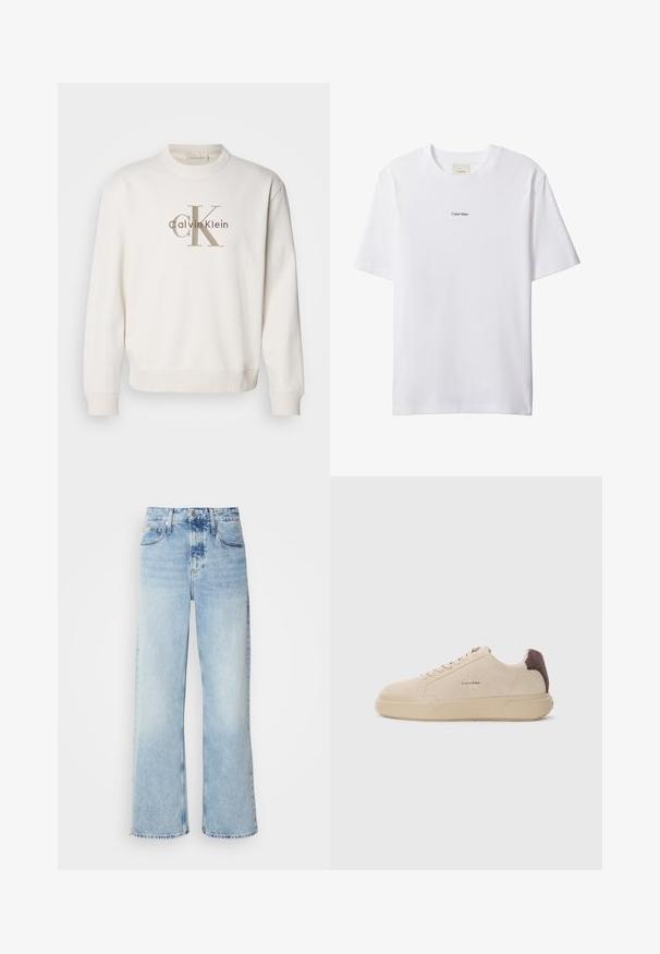 Hvid crewneck sweatshirt lavet af blødt stof, der har et stort beige Calvin Klein-logo på forsiden, med ribbede manchetter og bund.; Hvid bomuld t-shirt med rund hals og korte ærmer. Har en lille sort "Calvin Klein"-logo centreret på brystet.; Lysblå vide jeans med høj talje, der har en falmet finish, bæltestropper og klassisk fem-lomme design. Kantene er rå.; Beige ruskind sneakers med rund tå, snørret foran og en brun ruskindsdetalje på hælen. Har en tekstureret gummisål.