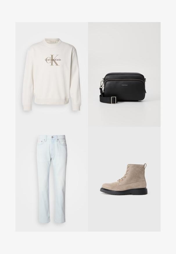 Weißes Crewneck-Sweatshirt aus weichem Stoff, mit einem großen beigen Calvin Klein-Logo auf der Vorderseite, und gerippten Bündchen sowie Saum.; Hellblaue Jeans mit geradem Bein. Verfügt über einen Knopfverschluss und Gürtelschlaufen, präsentiert eine ausgebleichte Textur und minimale Nähte.; Beige Wildleder-Ankle Boots mit schwarzer Gummisohle, Schnürdesign und kleinem, seitlich eingeprägtem Logo, ausgestattet mit einer Zuglasche am Hinterkopf.; Schwarze Leder-Crossbody-Tasche mit zwei Reißverschlussfächern, strukturiertem Finish, verstellbarem Tragegurt und silbernen Hardware-Details. Calvin Klein-Logo angebracht.