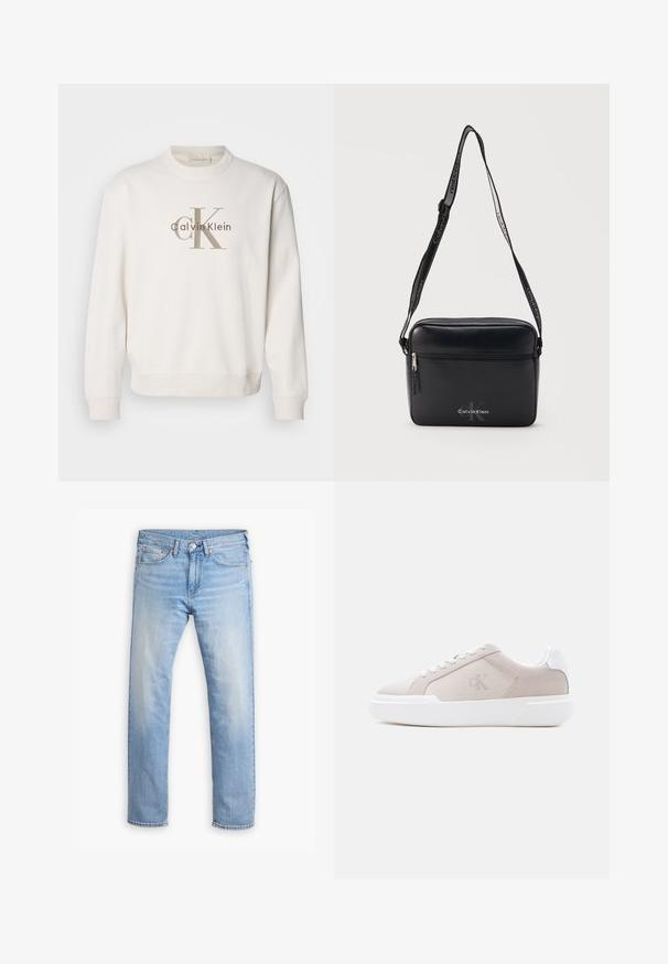 Weißes Crewneck-Sweatshirt aus weichem Stoff, mit einem großen beigen Calvin Klein-Logo auf der Vorderseite, und gerippten Bündchen sowie Saum.; Hellblaue Denim-Jeans mit geradem Schnitt, fünf Taschen und einer Knopfleiste. Verfügt über subtile Ausbleichungen und orangefarbene Nähte.; Beige Sneaker mit niedrigem Schnitt, weißer dicker Sohle, Schnürsenkeln und Fersenlasche, mit dezentem „cK“-Logo an der Seitenfläche.; Schwarze rechteckige Crossbody-Tasche mit vorderer Reißverschlusstasche, verstellbarem Calvin Klein Markenriemen und geprägtigem Logo auf der Vorderseite.